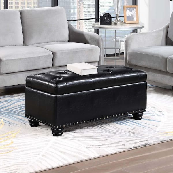 Convenience Concepts Designs4Comfort 7th Avenue Black Vegan Leather Fabric Storage Ottoman Bench