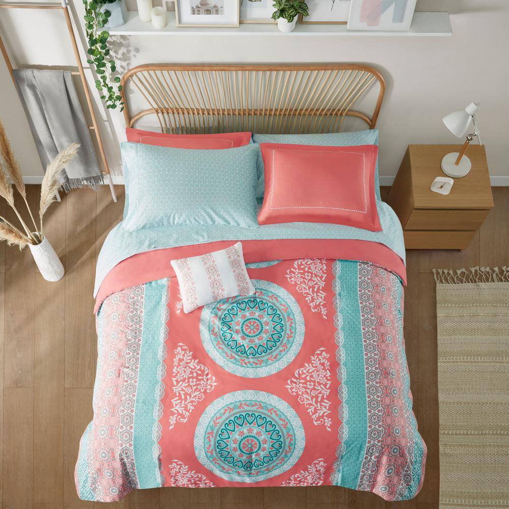 Coral and Aqua Bohemian Queen Microfiber Bed in a Bag Set
