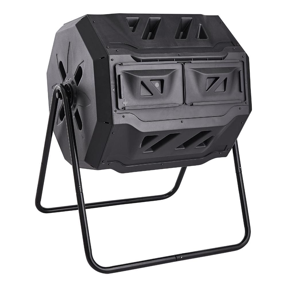 43 Gal. Dual Chamber Tumbler Composter with 2 Sliding Doors and Steel Frame, Black and Orange