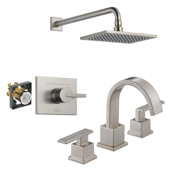 Delta Vero 1-Spray Shower Faucet with 8 in. Widespread Double Handle Bathroom Faucet in Stainless