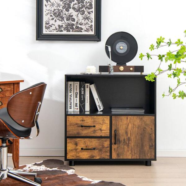 Bunpeony 31.5 in. W. x 16 in. D x 31.5 in. H Industrial 2 Drawer Brown Linen Cabinet with Middle Open Shelf LTCF053 The Home Depot