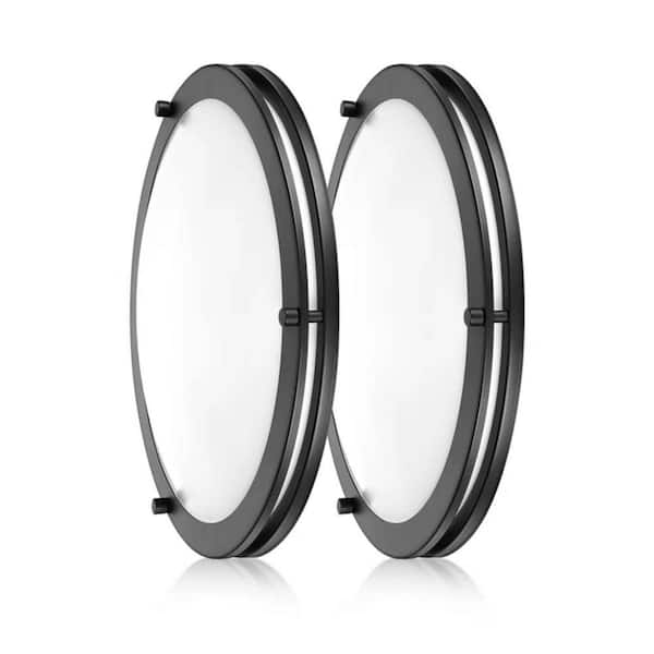 Dual Ring 14 in. 21-Watt Matte Black Modern Dimmable Integrated LED Flush Mount with White Acrylic Shade 2 packs