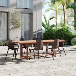 Oahu 7-Piece Eucalyptus Wood and Resin Patio Rectangular Dining Table Set Ideal for Outdoors, Brown