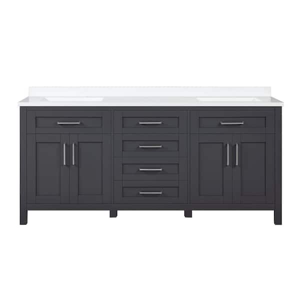 Tahoe 72 in. Double Sink Bath Vanity in Dark Charcoal with White Engineered Stone Top and Integrated Outlet (Assembled)