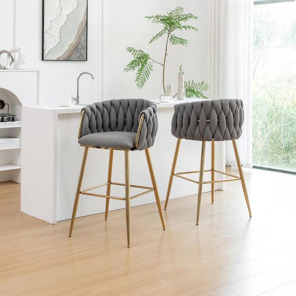 Ness Dark Grey Boucle Teddy Fabric Bar Stool Set of 2 With Gold Chrome Plated Legs