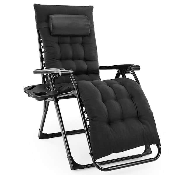 Zero Gravity Metal Reclining Outdoor Lounge Chair with Black Removable Cushion & Cup Holder Trays for Camping or Indoor