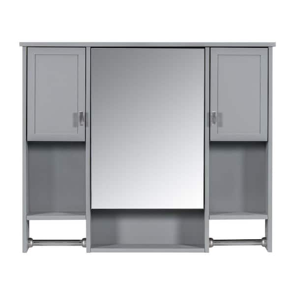 35 in. W x 28.7 in. H Rectangular MDF Medicine Cabinet with Mirror, Towels Bar, Wall Mounted Bath Storage Cabinet, Gray
