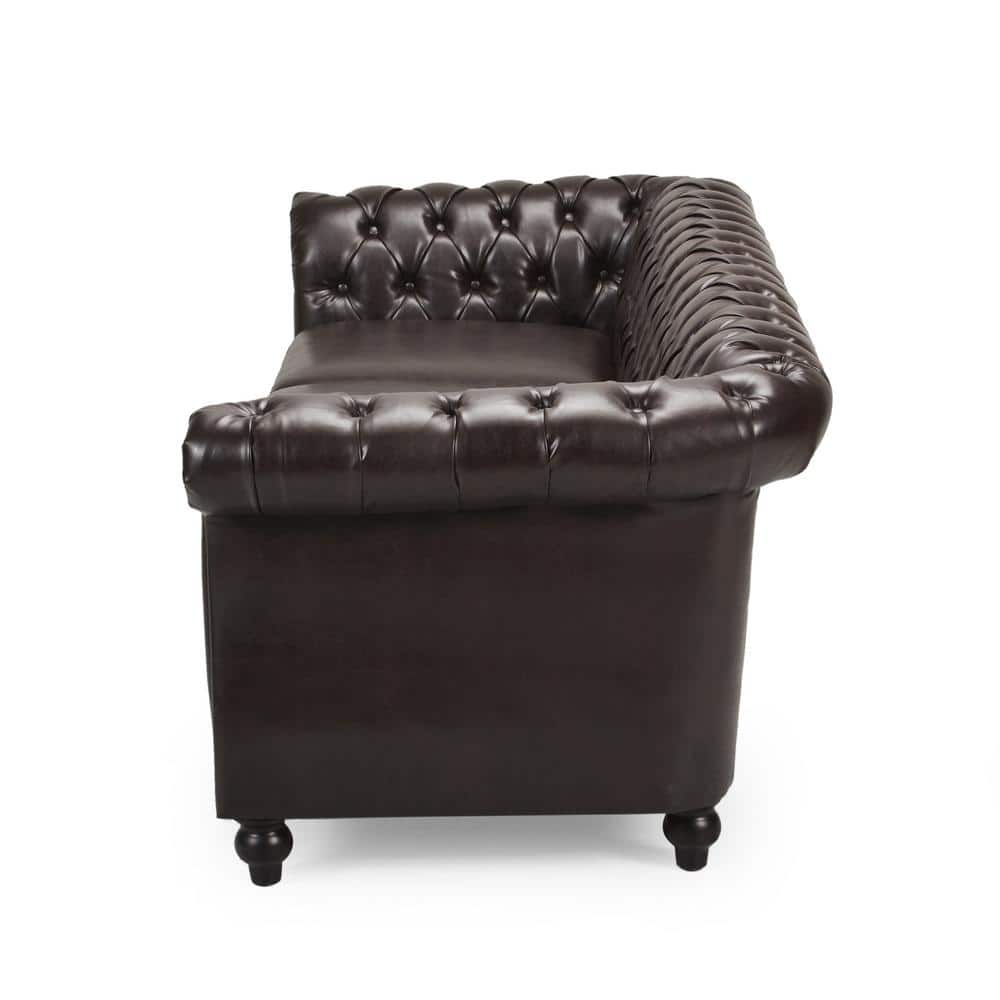 Elegant Brown Faux Leather Chesterfield Sofa with Nailhead Accents