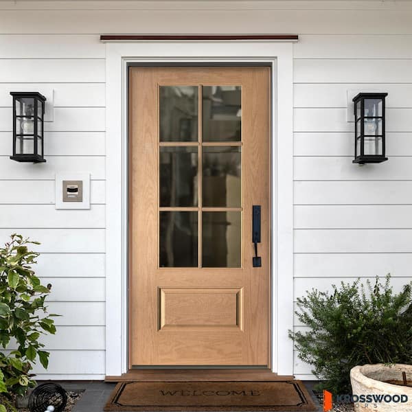 36 in. x 80 in. Modern Farmhouse Clear Glass Window Left-Hand/Inswing Teak Stain Woodlook Fiberglass Prehung Front Door