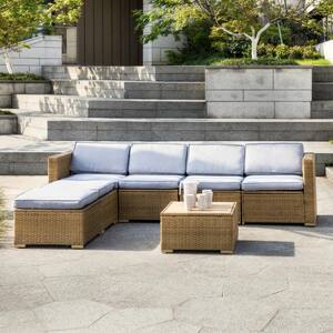 Brown Frame 7-Piece Wicker Patio Conversation Sectional Seating Set with Grey Cushions