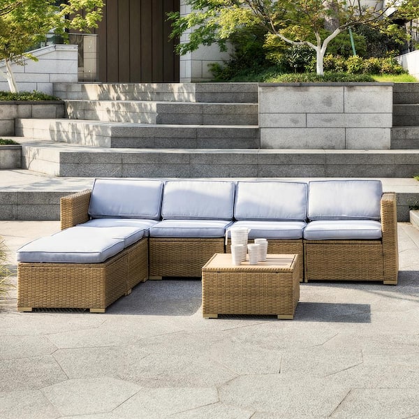 Cesicia Brown Frame 7-Piece Wicker Patio Conversation Sectional Seating Set with Grey Cushions