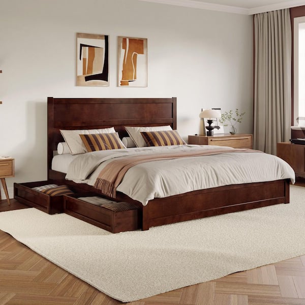 Aveline Walnut Brown Wood Frame King Platform Bed with Matching Footboard and Storage Drawers
