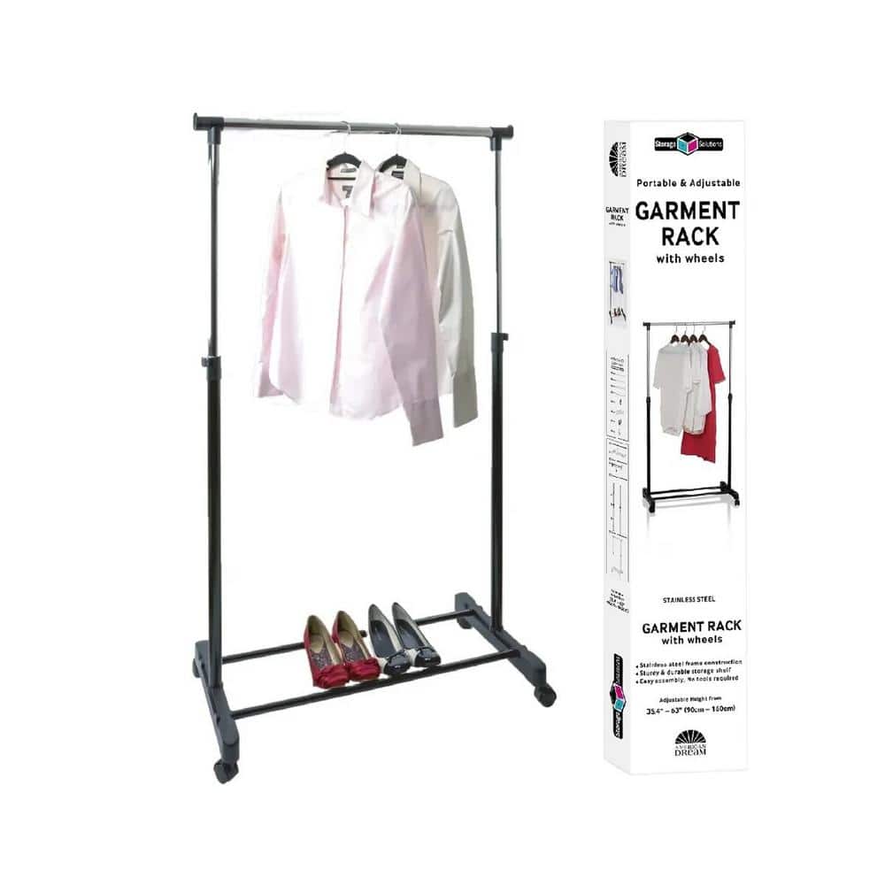 Black Steel Portable Double Rod Garment Rack with Wheels