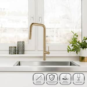 Easy-Install Single Handle Deck Mount Squared Arc Pull Down Sprayer Kitchen Faucet with Flexible Hose in Brushed Gold