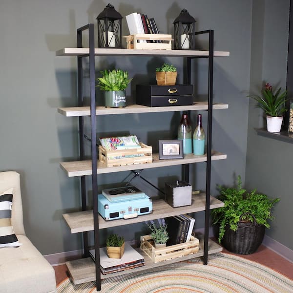 Sunnydaze Decor 70 In Oak Gray Industrial Style 5 Tier Bookshelf With Wood Veneer Shelves Jah 091 The Home Depot