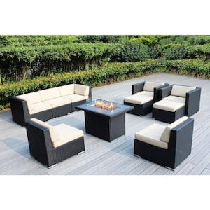 Ohana Black 10 -Piece Wicker Patio Fire Pit Seating Set with Supercrylic Beige Cushions