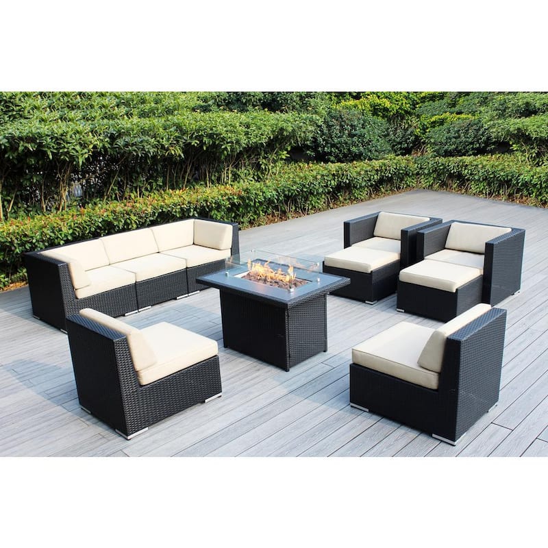 Ohana Black 10 -Piece Wicker Patio Fire Pit Seating Set with Supercrylic Beige Cushions