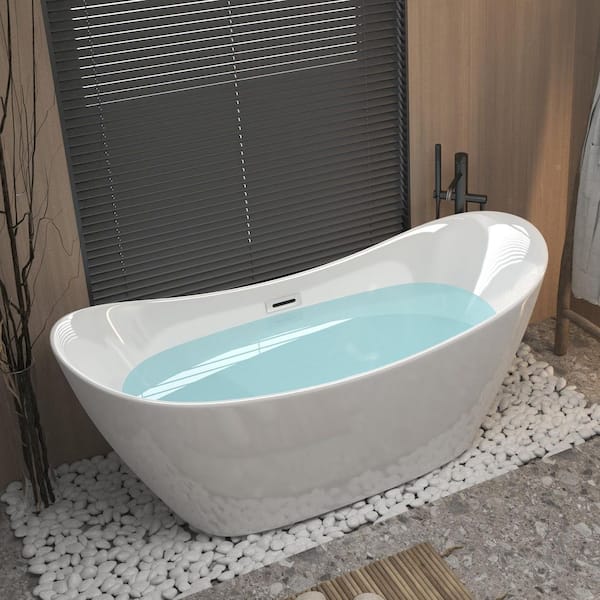 59 in. x 29.5 in. Soaking Bathtub with Center Drain in Gloss White with Chrome Overflow and Pop-Up Drain