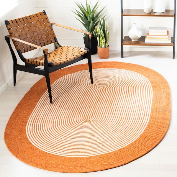 Braided Orange Ivory 4 ft. x 6 ft. Border Striped Oval Area Rug