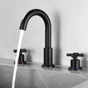 8 in. Widespread Double Handle Bathroom Faucet 3 Hole Sink Faucet with 360 Rotation and Pop-Up Drain in Matte Black