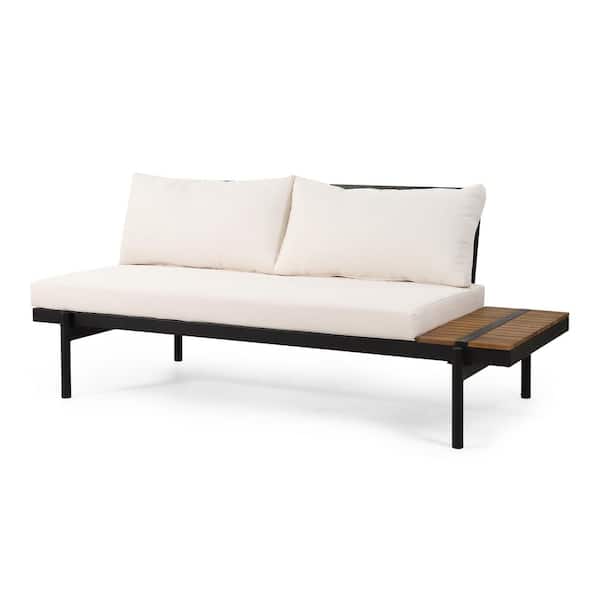 Right Side Wood Outdoor Chaise Couch with Cream Cushions