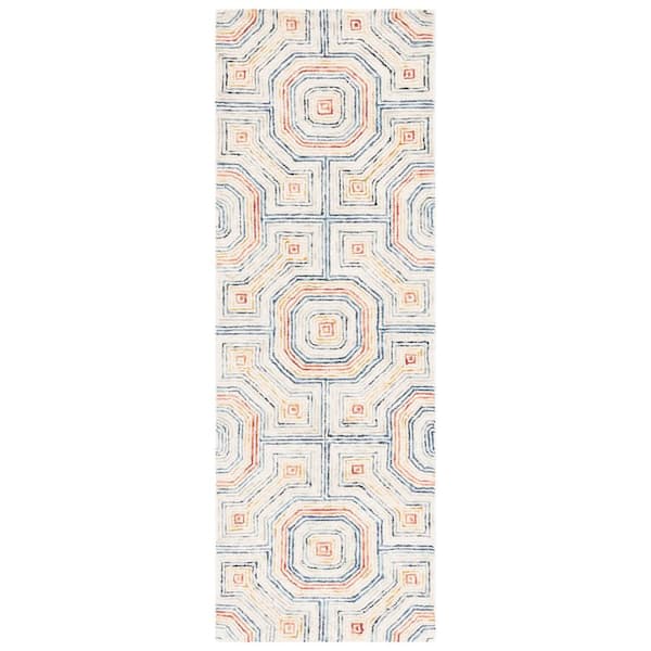 SAFAVIEH Aspen Ivory/Blue 2 ft. x 8 ft. Tiled Geometric Runner Rug