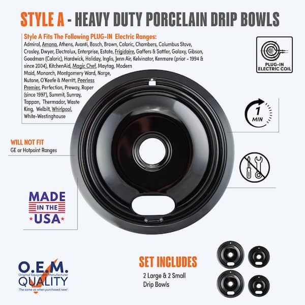 Range Kleen 6 in. 2-Small and 8 in. 2-Large A Style Drip Pan in Black Porcelain (4-Pack)