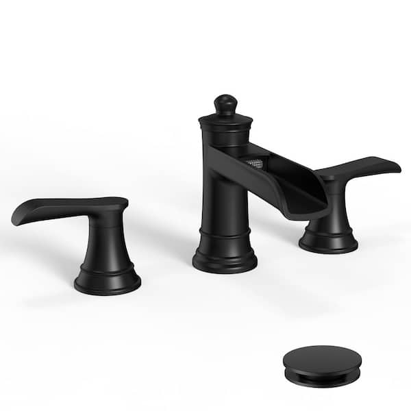 Waterfall 8 in. Widespread Double-Handle Black Bathroom Faucet Set 3-Holes Vanity Sink with Metal Drain in Matte Black