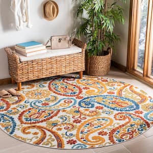 Cabana Cream/Navy 4 ft. x 4 ft. Paisley Floral Indoor/Outdoor Patio  Round Area Rug