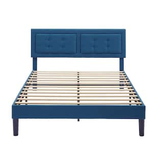 Upholstered Premium Platform Bed Frame ， 60.4 in. W ，Blue Queen Metal + Wooden Frame With Upholstered back Platform Bed
