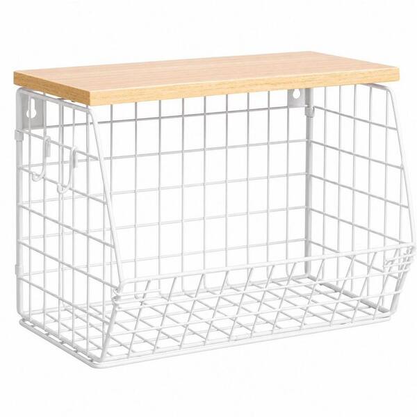 1-Piece Stackable Wall-Mounted Metal Kitchen Storage Basket Set with Wooden Lid and Banana Hooks for Kitchen Counter