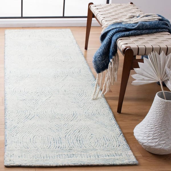 Abstract Ivory/Blue 2 ft. x 14 ft. Geometric Runner Rug