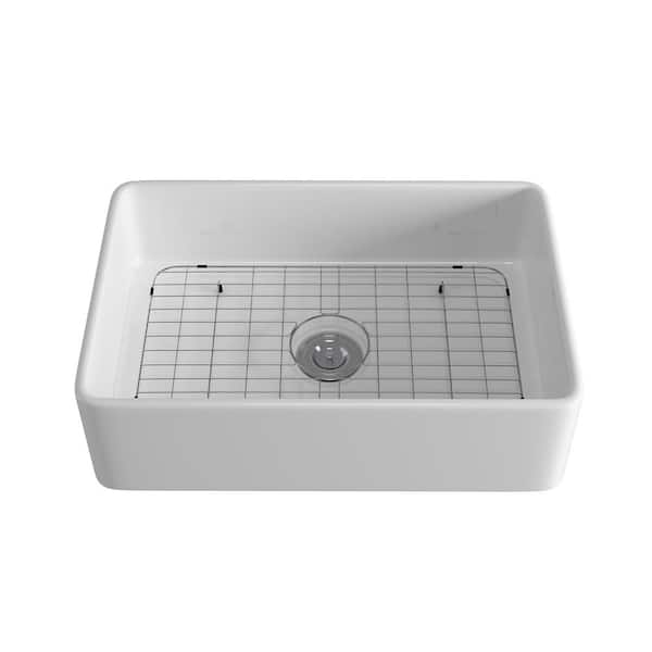 EPOWP White Ceramic 30 in. Single Bowl Corner Farmhouse Apron Workstation Kitchen Sink with Bottom Grid