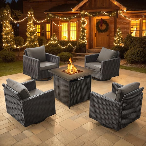 5-Piece Wicker Patio Conversation Set Fire Pit Table with Gray Cushions