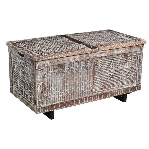 THE URBAN PORT 18 in. Gray and Brown Rectangular Mango Wood Trunk Coffee Table with Metal Sled Base