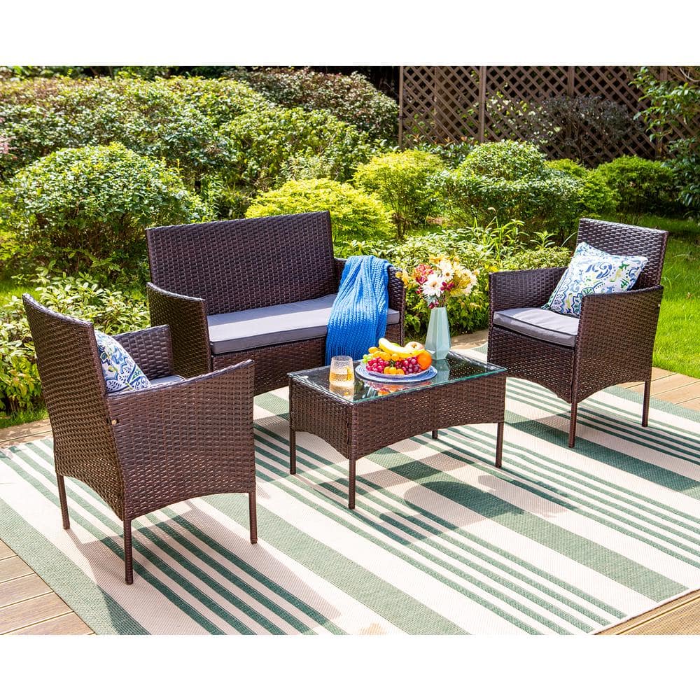 PHI VILLA Black 4-Piece Outdoor Dark Brown Wicker Conversation Set with ...