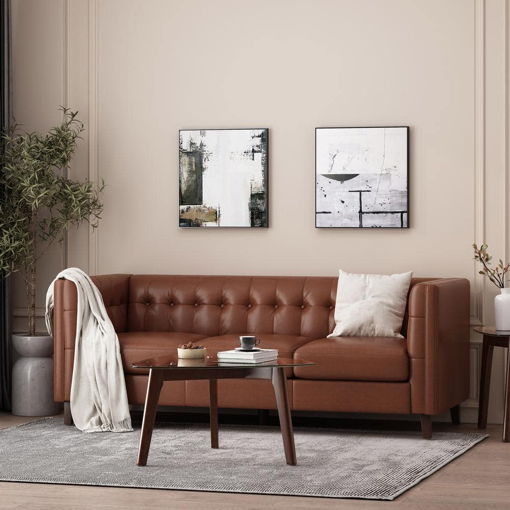 Cognac Brown Faux Leather Tufted Tuxedo Sofa with Wood Accents