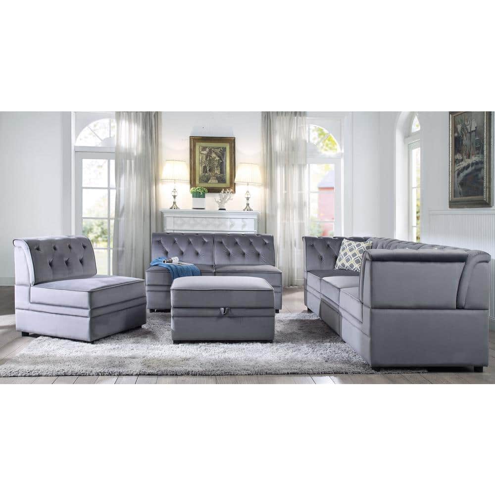 Elegant Gray Velvet Upholstered Ottoman with Lift Top Storage