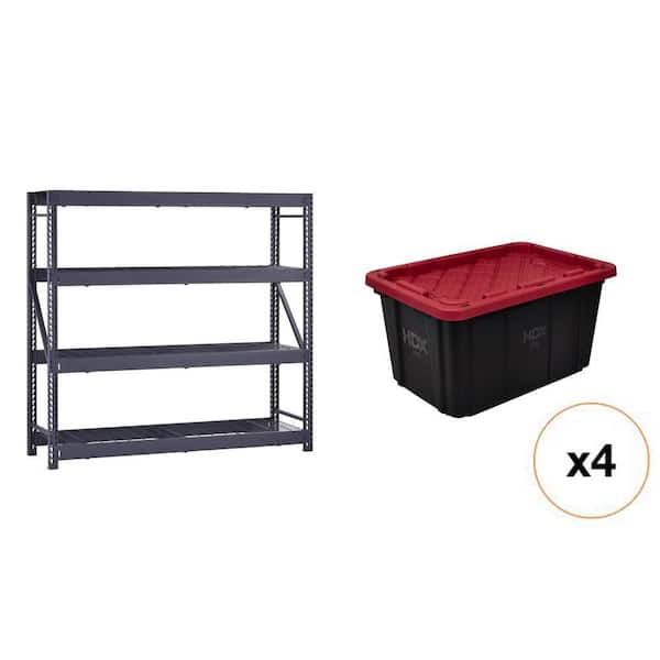 77 in. W 4-Shelf Black Metal Shelving Unit, 27 Gal. Black and Red Storage Tote (4-Count) Combo