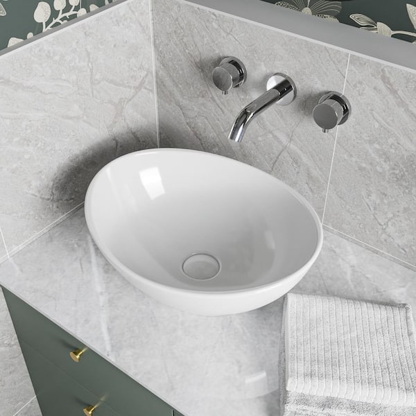 16 in. L x 13 in. W White Oval Bathroom Ceramic Vessel Sink Art Basin Not Included Faucet