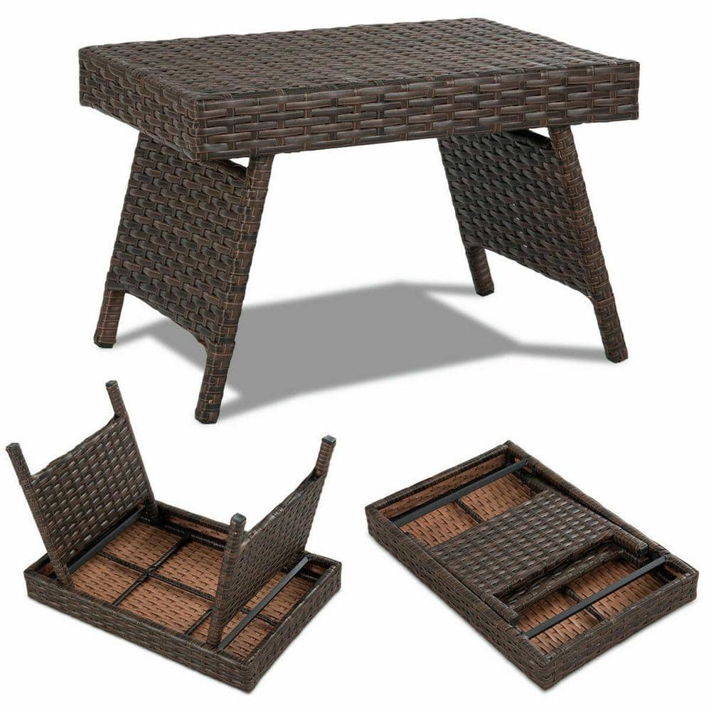 Compact Foldable Brown PE Rattan Side Table with Steel Frame