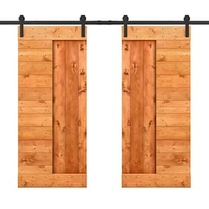 60 in. x 84 in. Red Walnut Stained DIY Knotty Pine Wood Interior Double Sliding Barn Door with Hardware Kit