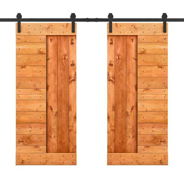 CALHOME 72 in. x 84 in. Red Walnut Stained DIY Knotty Pine Wood Interior Double Sliding Barn Door with Hardware Kit