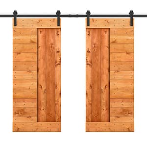 76 in. x 84 in. Red Walnut Stained DIY Knotty Pine Wood Interior Double Sliding Barn Door with Hardware Kit