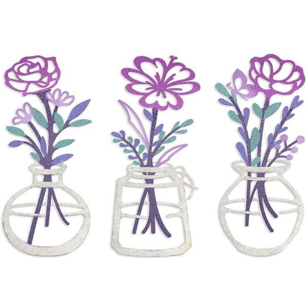 3 Pieces 6.2 in. x 14.1 in. Purple Metal Flowers Wall Arts YAC3QW