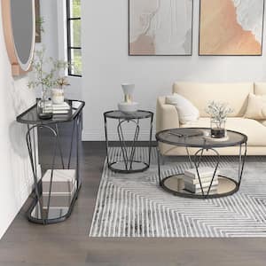 Orrum 31.25 in. Black Nickel and Gray Round Glass Coffee Table Set (3-Piece)