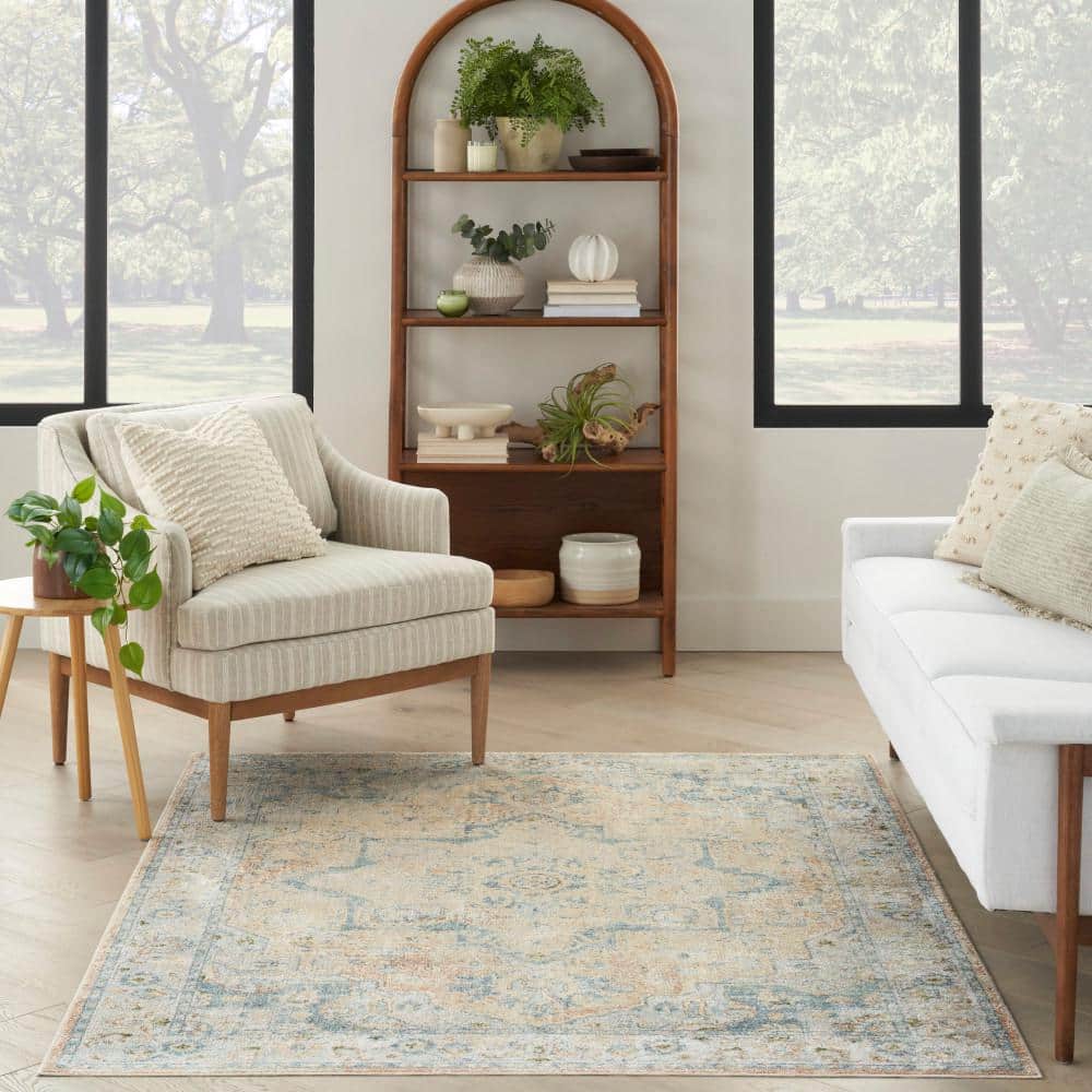 Beige Blue Medallion Synthetic 4' x 6' Washable Rug
