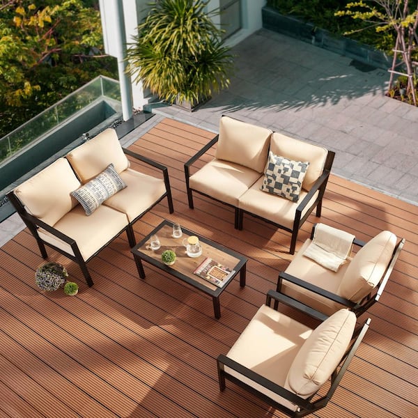 Patio Festival X-Back 7-Piece Metal Patio Conversation Seating Set with Beige Cushions