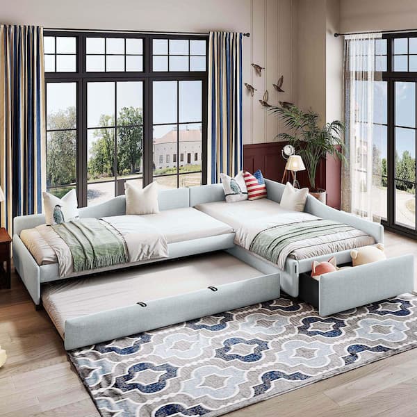 Harper & Bright Designs Bluish Beige Linen Upholstered Double Twin Size ...