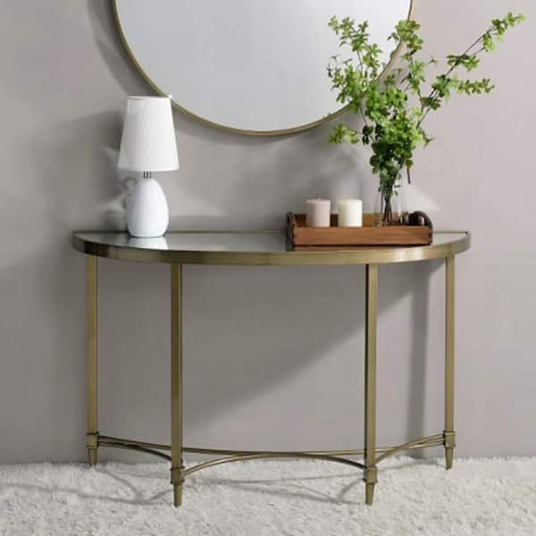 Acme Furniture Aditya 18 in. Mirrored and Antique Brass Finish Half-Moon Glass Console Table w/Mirror